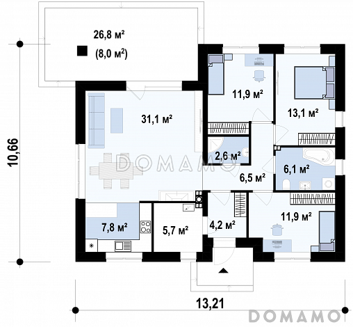 Проект компактного дома из газобетона с 3 спальнями, просторной гостиной и открытой террасой / План 1 этажа