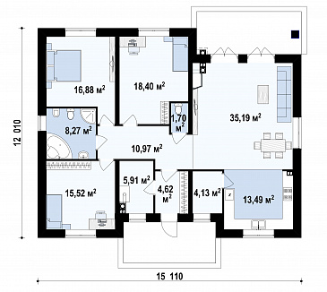 Проект одноэтажного дома из кирпича с тремя спальнями и небольшой крытой угловой террасой / План 1 этажа