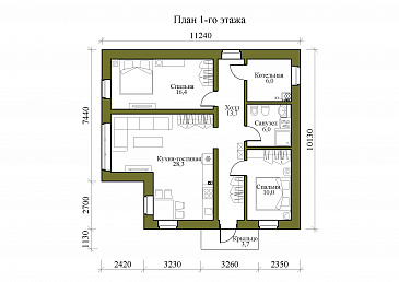 Проект одноэтажного дома с высокими окнами и просторной кухней-гостиной / План 1 этажа