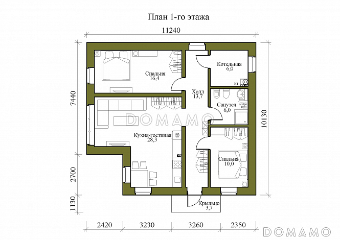 Проект одноэтажного дома с высокими окнами и просторной кухней-гостиной / План 1 этажа