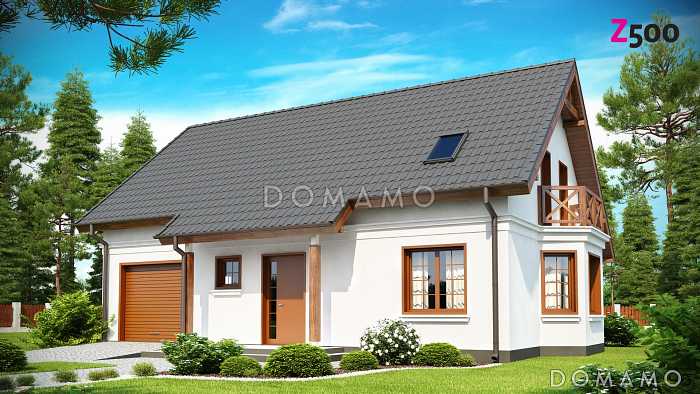 Проект одноэтажного мансардного дома из газобетона с эркером в столовой зоне и со встроенным гаражом