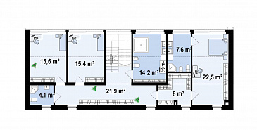 Проект двухэтажного дома с гаражом, кладовой, гардеробной в прихожей, кабинетом, хозяйской спальней / План 2 этажа