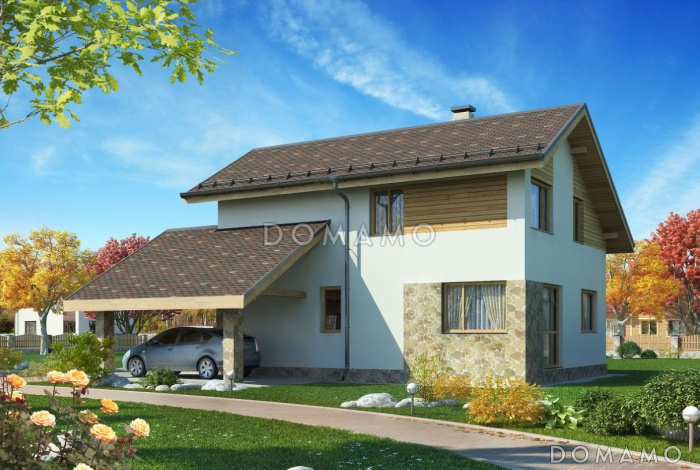 Проект загородного дома с мансардой и навесом для машины