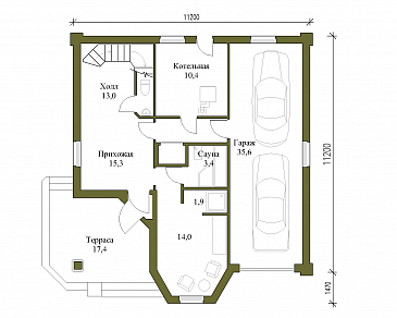 Проект квадратного коттеджа с башенкой / План 1 этажа