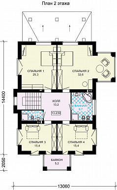 Проект двухэтажного дома из пеноблоков с выходом на террасу из просторной гостиной / План 2 этажа