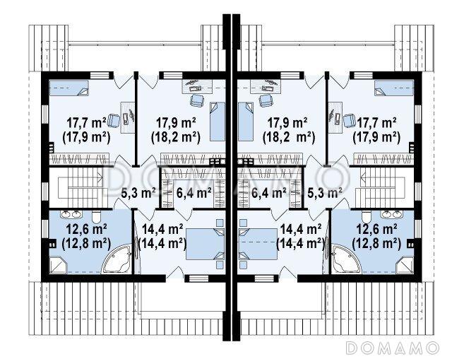 Проект мансардных домов-близнецов из газобетона с гаражом и слуховым окном / План мансардного этажа