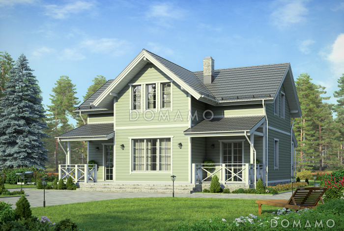 Проект дома в норвежском стиле с большой террасой и просторным холлом второго этажа