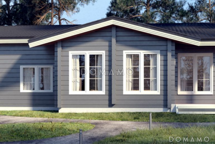 Проект одноэтажного дома из клееного бруса с просторной гардеробной и сауной