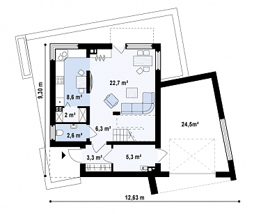 Проект двухэтажного дома из газобетона в стиле кубизм со спальной зоной на втором этаже и с гаражом / План 1 этажа