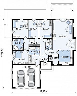 Проект просторного одноэтажного дома из газобетона с четырьмя спальнями и гаражом на два автомобиля / План 1 этажа