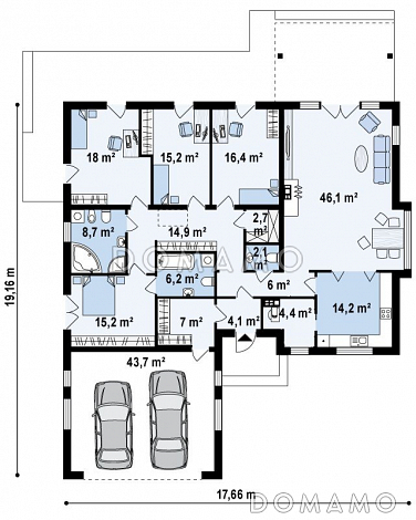 Проект просторного одноэтажного дома из газобетона с четырьмя спальнями и гаражом на два автомобиля / План 1 этажа