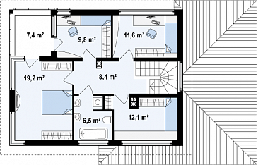 Проект современного двухэтажного дома из газобетона с четырьмя комнатами, гаражом, террасой и балконом / План 2 этажа