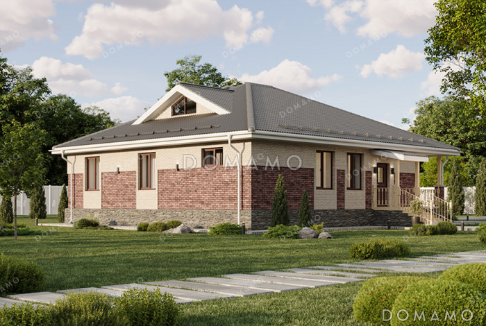 Проект одноэтажного дома с комбинированной отделкой фасадов кирпичом разных тонов, большой террасой под одной кровлей с домом и удобной планировкой для семьи с детьми