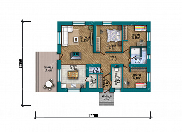 Проект одноэтажного дома с 3 спальнями и открытой террасой / План 1 этажа