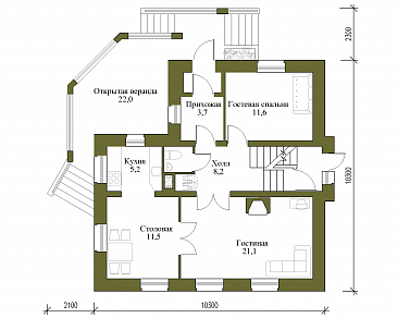 Проект коттеджа с большой террасой и небольшим подвалом. / План 1 этажа