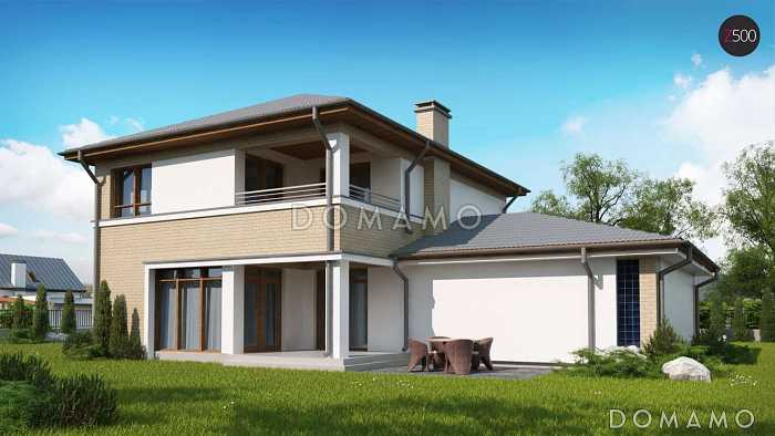 Проект современного двухэтажного дома из кирпича с четырьмя спальнями, кабинетом и пристроенным гаражом на два автомобиля