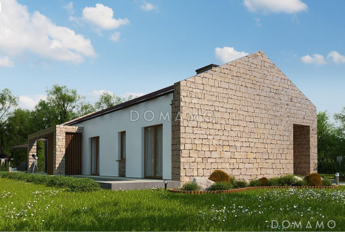 Проект одноэтажного дома необычной планировки из газобетона с двумя спальнями и кабинетом