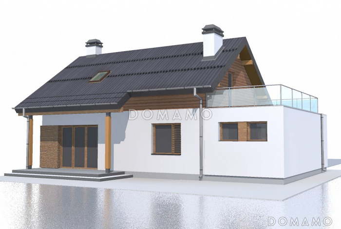 Проект компактного одноэтажного мансардного дома из газобетона с кабинетом, тремя спальнями и открытой террасой над гаражом