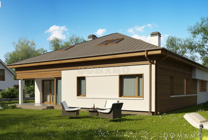 Проект одноэтажного мансардного дома из газобетона со стеклянным эркером и гаражом на два автомобиля