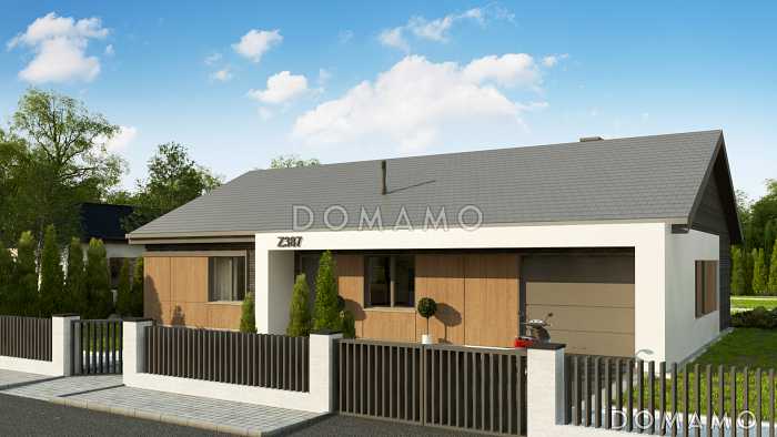 Проект загородного дома с гаражом на одну машину, кладовой на кухне, хозяйской спальней, просторной гостиной с выходом на террасу