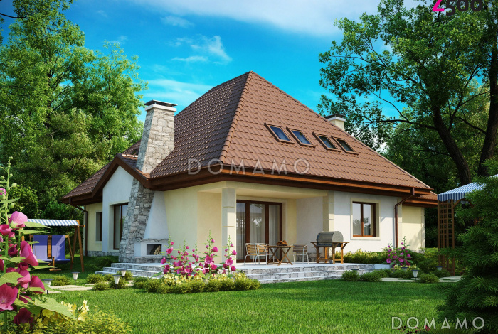 Проект просторного мансардного дома из газобетона с четырьмя спальнями, гаражом и барбекю не террасе