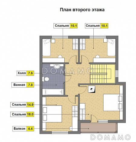 Проект каркасного дома 9 на 10 с четырьмя спальнями на мансарде / План мансардного этажа