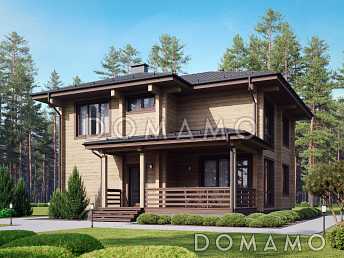 Проект дома из бруса с угловой террасой, вместительной гардеробной и кабинетом