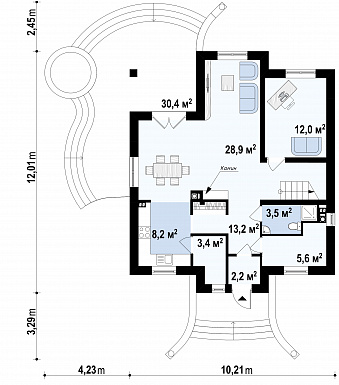 Проект классического одноэтажного мансардного дома из кирпича с кабинетом, хозяйственным помещением и с балконами в каждой из трёх спален / План 1 этажа