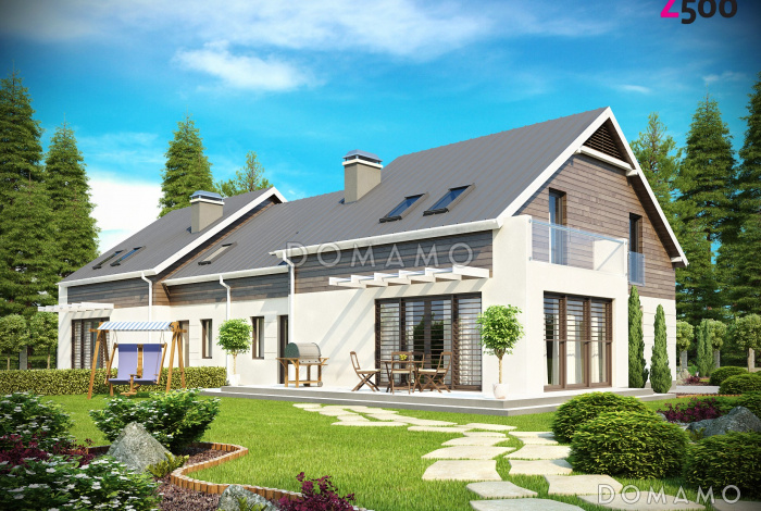 Проект современных мансардных домов-близнецов из газобетона с гаражом, тремя спальнями и балконом