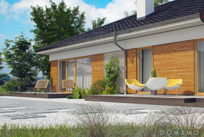 Проект одноэтажного дома из кирпича с кабинетом, двумя спальнями оснащёнными санузлами и гаражом на два автомобиля