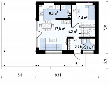 Проект компактного одноэтажного мансардного дома из газобетона с дополнительной спальней на первом этаже и большой крытой террасой / План 1 этажа