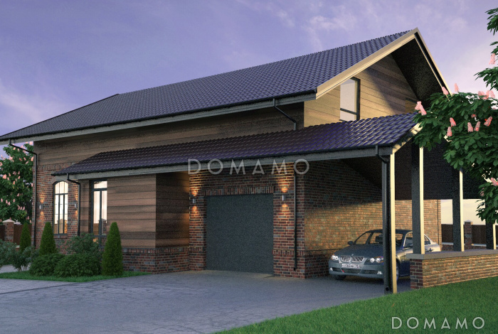 Проект яркого классического дома с мансардой, террасой, гаражом и навесом для автомобиля