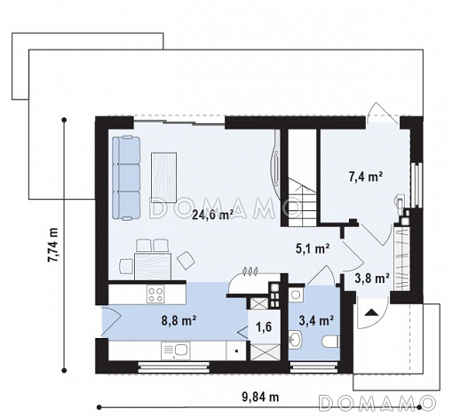 Проект компактного одноэтажного дома из газобетона с ночной зоной на мансардном этаже и открытой террасой вдоль дома / План 1 этажа