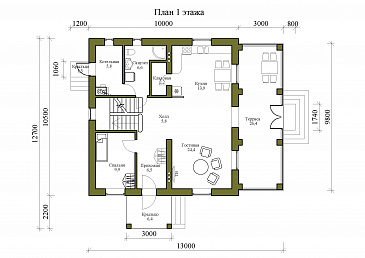 Проект двухэтажного дома с четырьмя спальнями, просторными верандой и гостиной / План 1 этажа