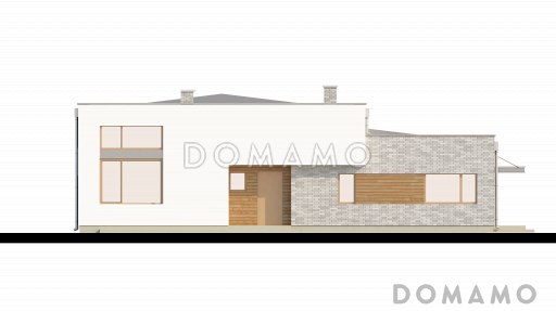 Проект современного одноэтажного дома с плоской крышей из газобетона с тремя спальнями и просторной гостиной с высокими потолками  / Фасад 4