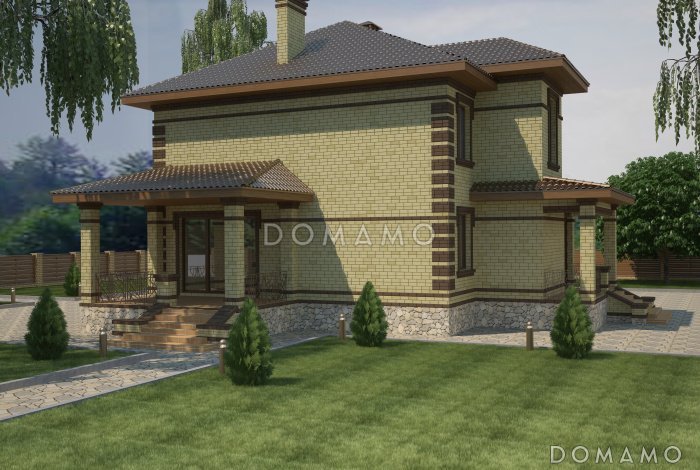 Проект двухэтажного дома с пристроенным гаражом, террасой и крыльцом