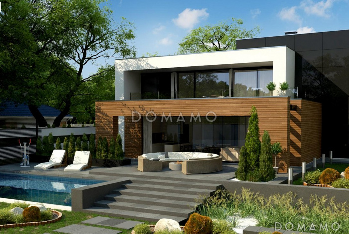 Проект просторного современного двухэтажного дома из газобетона с плоской крышей,  с пятью комнатами, гаражом и террасой на втором этаже