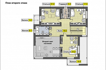 Проект дома со спальней на первом этаже, ванной с окном, вторым светом в гостиной, двумя балконами / План мансардного этажа