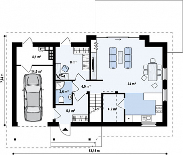 Проект увеличенного одноэтажного мансардного дома из газобетона с гаражом и большим фронтонным окном / План 1 этажа
