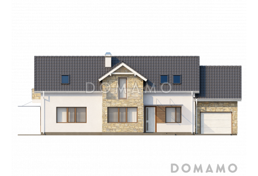 Проект мансардного дома из кирпича с гаражом, прямоугольным эркером и двумя балконами / Фасад 4