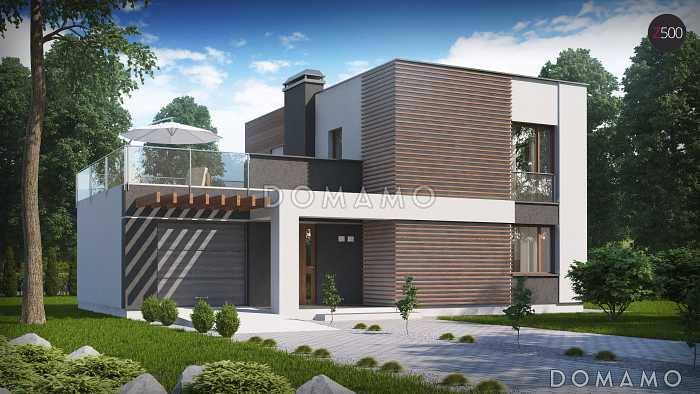 Проект современного двухэтажного дома из газобетона с тремя спальнями и террасой над одноместным гаражом