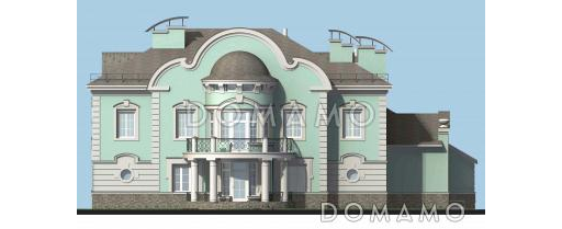 Проект коттеджа с двусветной гостиной, бильярдной и бассейном / Фасад 1