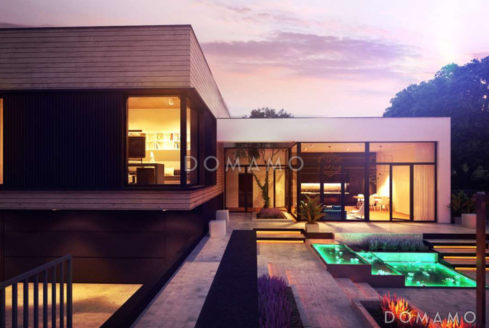 Проект современного двухэтажного дома из кирпича с плоской крышей, с двумя спальнями и подземным гаражом