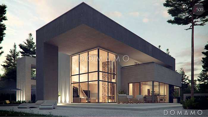 Проект большого современного двухэтажного дома из газобетона необычной формы, с тремя спальнями и кабинетом, сауной и гаражом