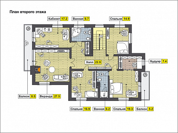 Проект загородного дома с террасой, навесом на одну машину, верандой с камином на втором этаже / План 2 этажа