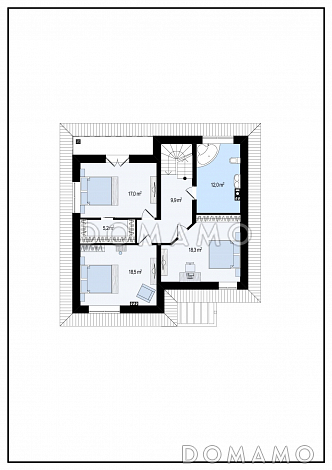 Проект современного двухэтажного дома из кирпича с четырьмя комнатами, большим тех помещением и балконом / План 2 этажа