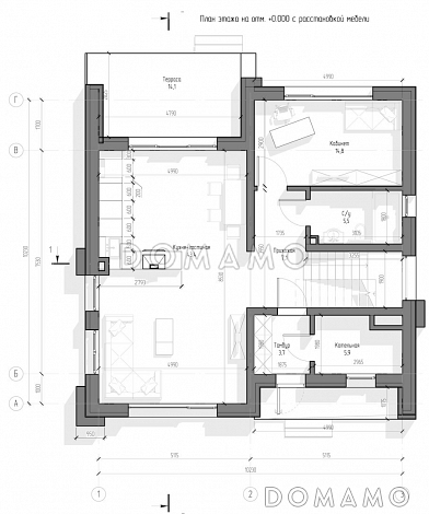 Проект двухэтажного дома с панорамными окнами, кабинетом, 3 спальнями, кухней-гостиной / План 1 этажа