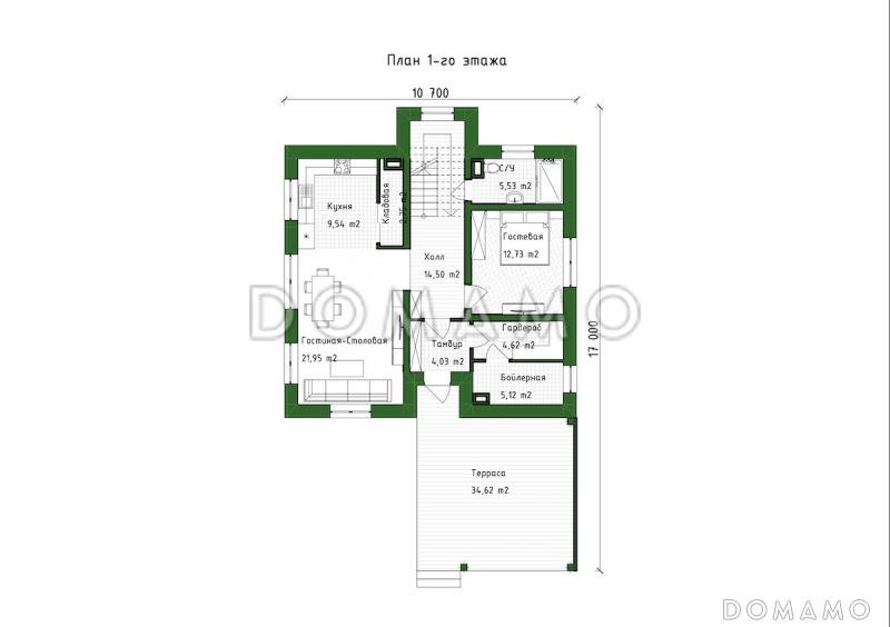 Проект двухэтажного дома с 3 спальнями, гостевой, большой ванной и террасой / План 1 этажа