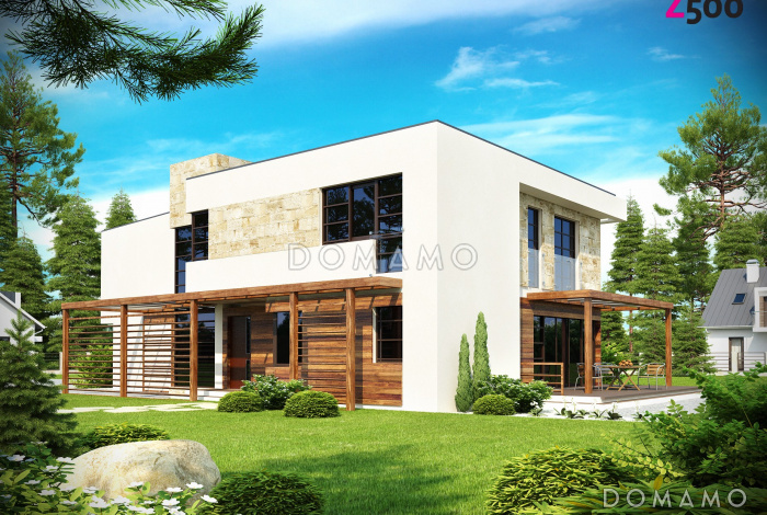 Проект современного двухэтажного дома из кирпича в стиле модерн с пятью спальнями, с гаражом, угловой террасой и балконом над ней