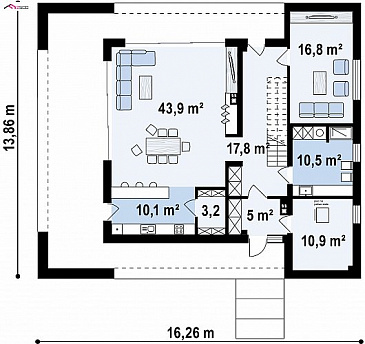 Проект современного двухэтажного дома из газобетона с подземным гаражом и террасой на втором этаже по периметру дома / План 1 этажа
